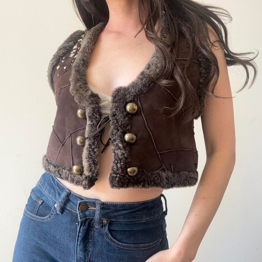Vintage Betsey Johnson Leather Shearling Trim Moto Vest Y2K Size Medium/Large